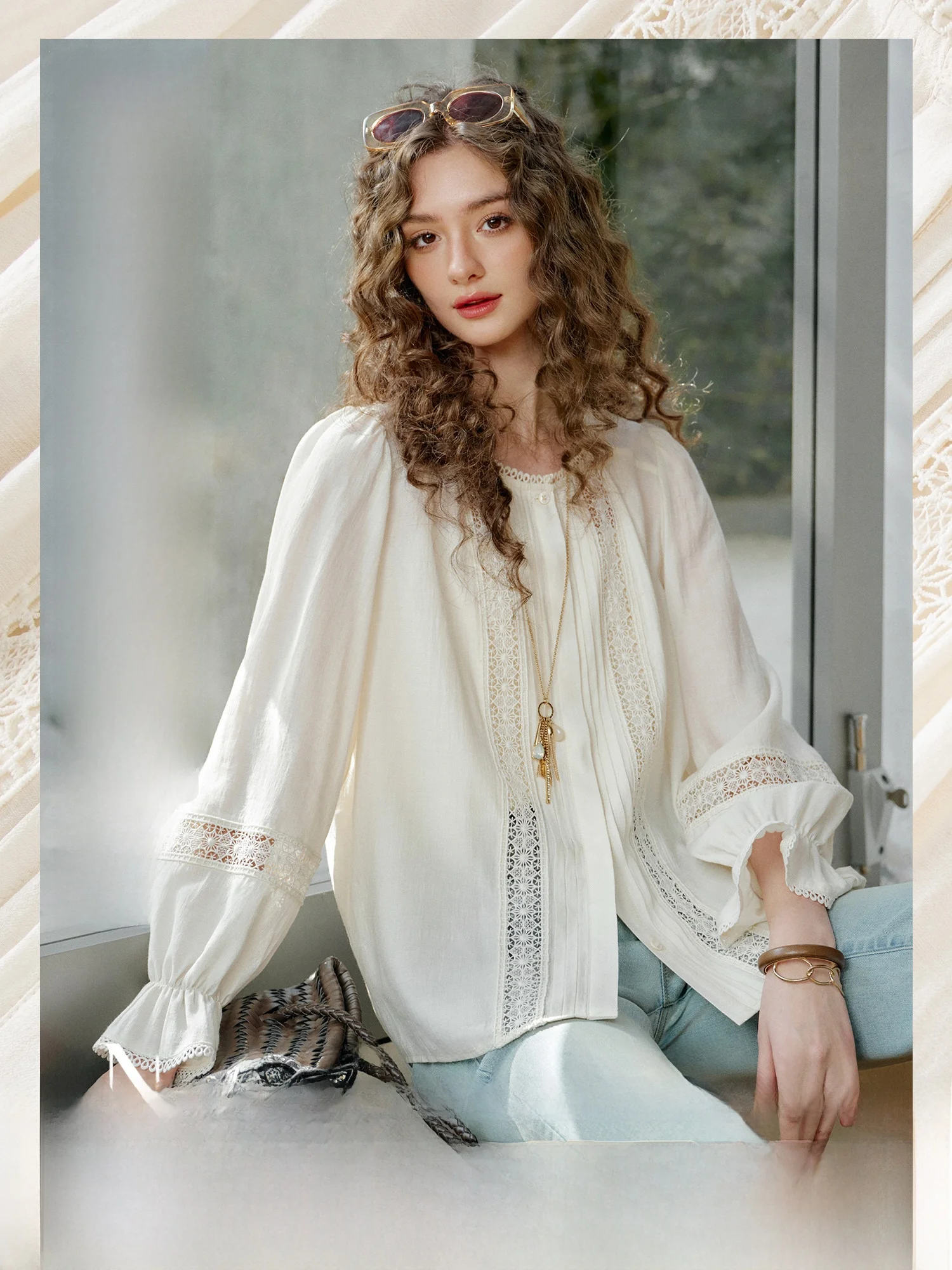 

Женская свободная блузка NAGUAGU с кружевными вставками и круглым вырезом, тонкая, дышащая, модная, весна 2025