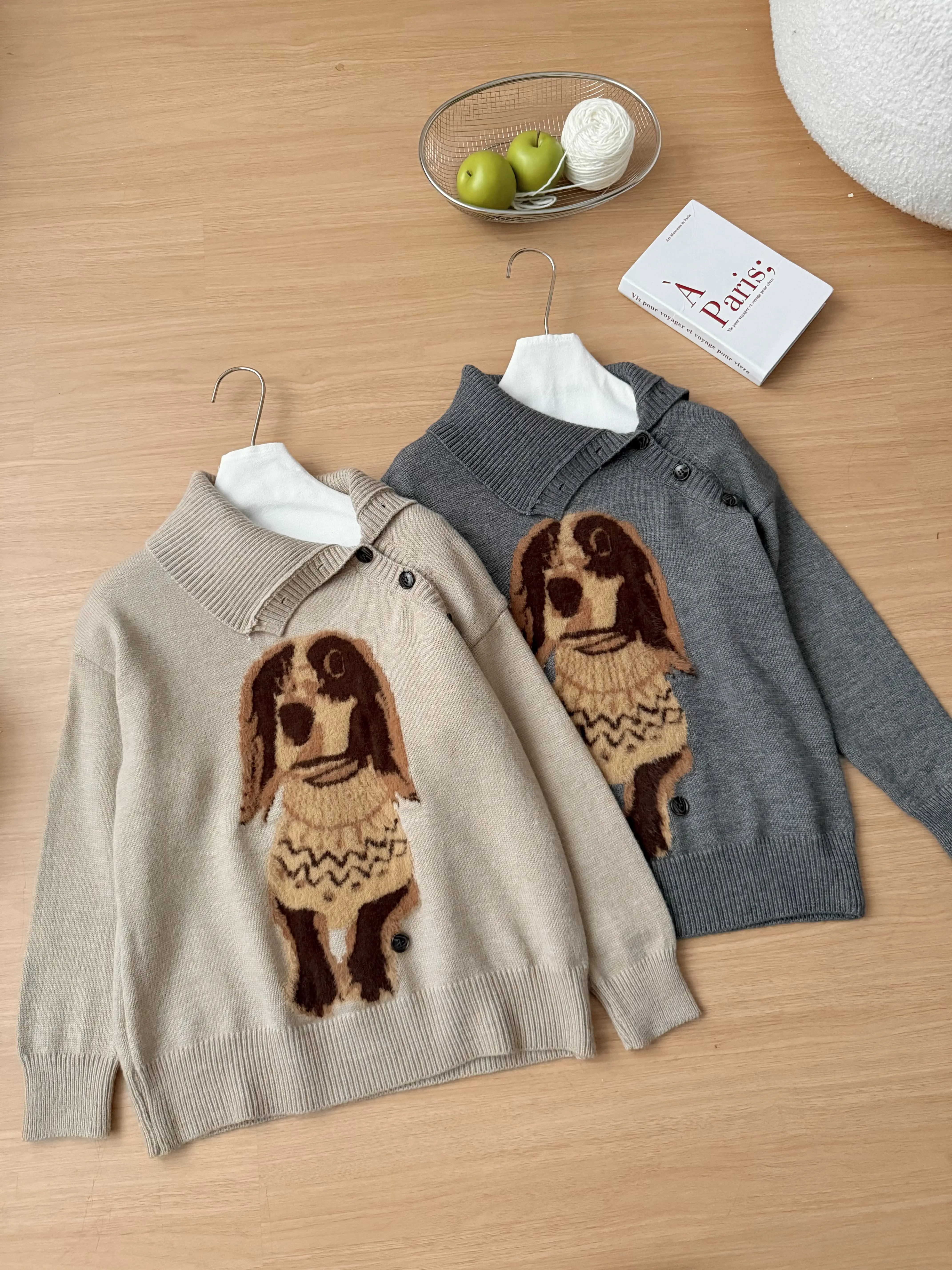 المرأة الخريف الشتاء لطيف الكلب نمط الياقة المدورة طويلة الأكمام فضفاضة سترة سيدة البلوز الحيوان نمط البلوز الأعلى #4