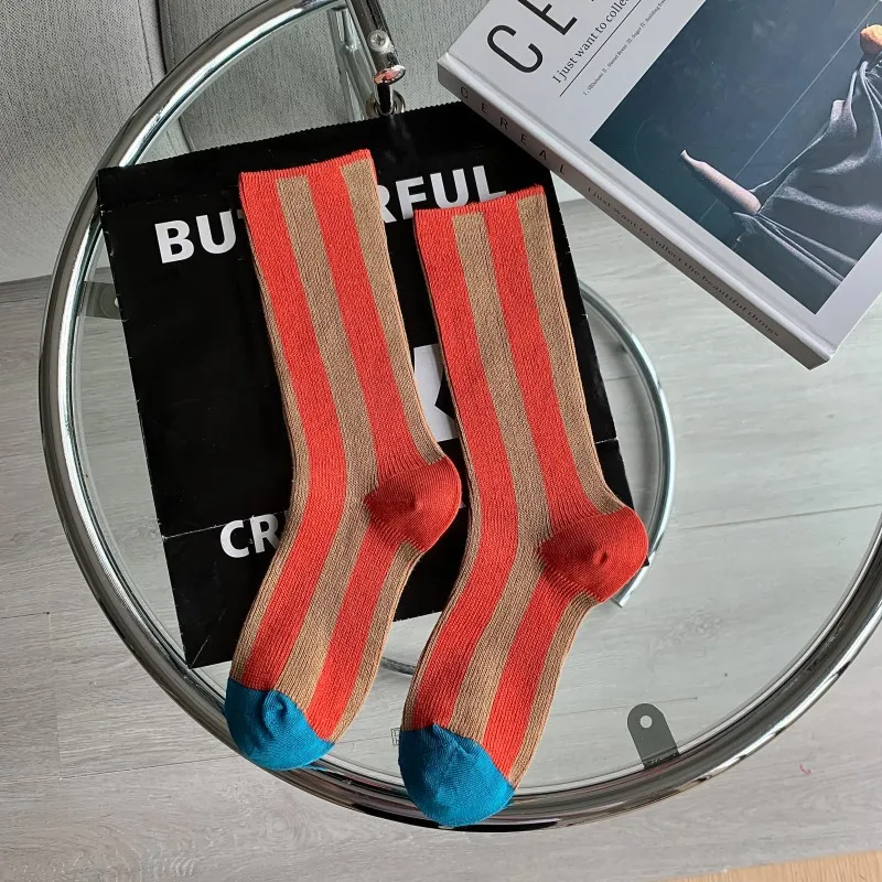 Striped Matching Color Women\'s Socks Summer Thin Midtube Socks Color Midtube Cotton Socks