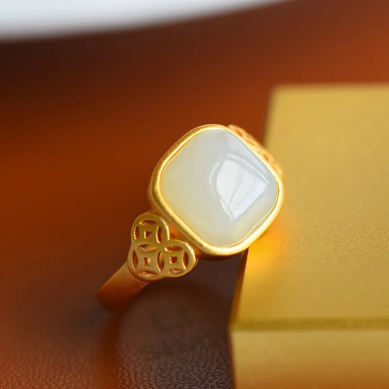 

Женское кольцо из натурального белого нефрита S925, серебряное, позолоченное, медное, с монетой