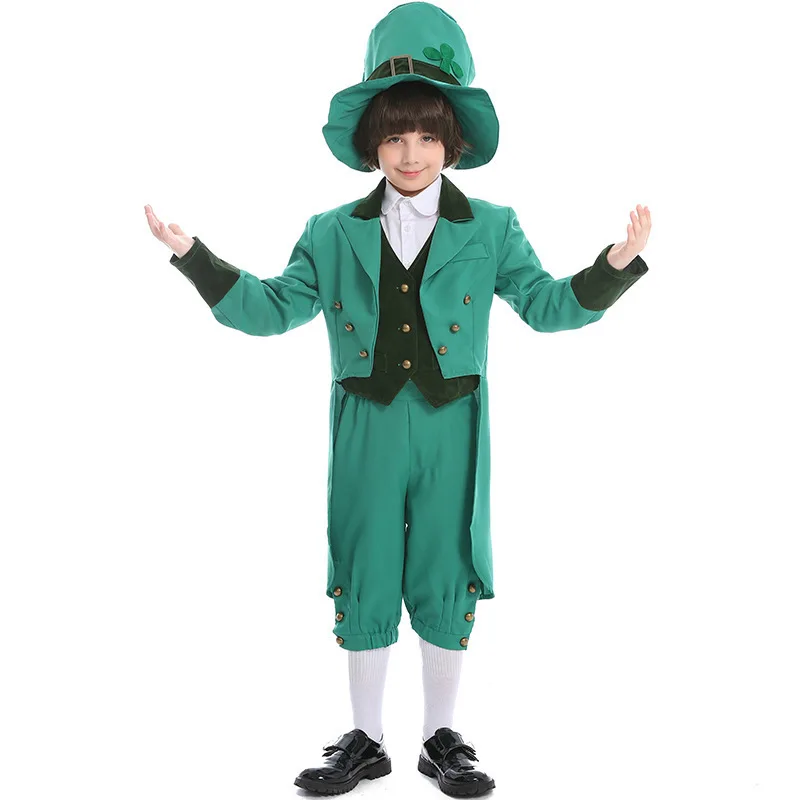 Kids Leprechaun Costume Boys St Patricks Day Green Outfit Irish Goblin Cos Suit Halloween Carnival Party Dress Up Clothing PS66