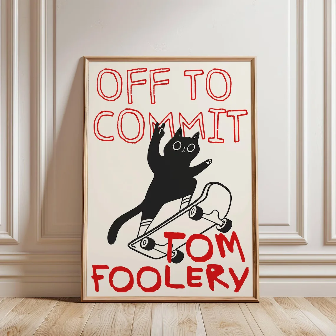 Off To Commit Tomfoolery Digital Art Print Funny Black Cat On Skateboard Poster Cat Lover Poster Silly Cat Art Black And Red Art