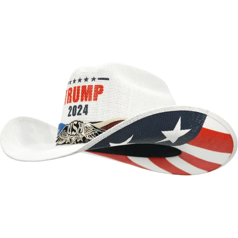 

Trump 2024 Cowboy Cowgirl Hat Patriotic American Flag Straw Western Hats MAGA White