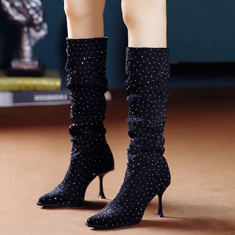 Bling Sexy Jolie tu Parker Bottes Hautes pour Femmes, Talons Hauts Plissés, Chaussures Tendance Femme, Genou Haut, StephanSnow Botas Escarpins, Hiver 2025, Nouveau