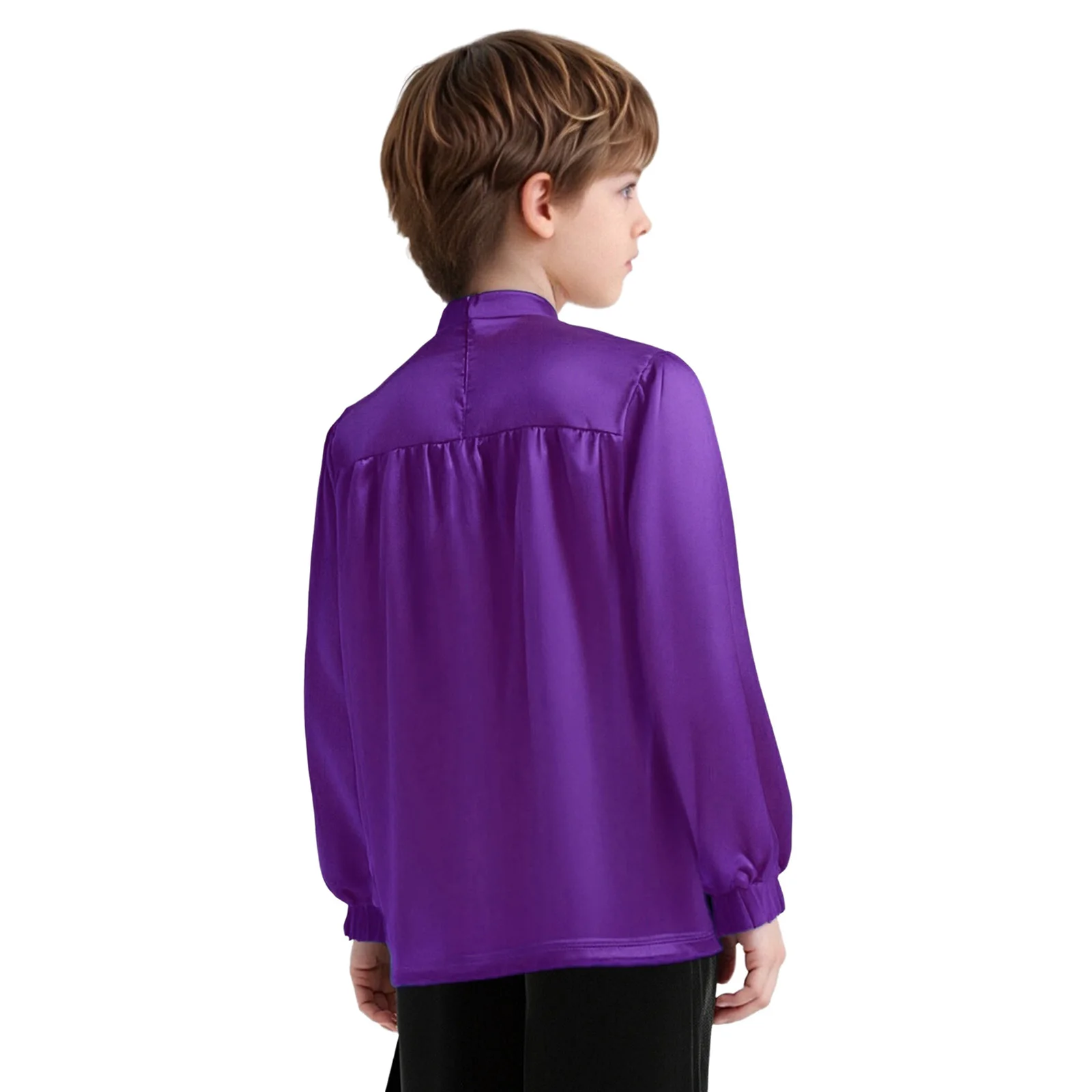 Boys Girls Liturgical Praise Dance Tops Mock Neck Long Sleeve Back Invisible Zipper Satin Blouses Pullover Top Worship Dancewear