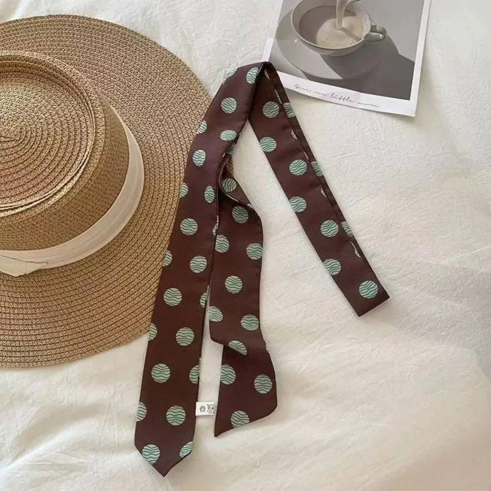 Vintage Polka Dot Long Narrow Scarf Striped Print Grid Neckerchief Ribbon Chiffon Neck Bandana Women