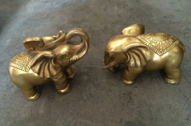 

A Pair of Exquisite Chinese Brass Folk animal Auspicious elephant playing Statues