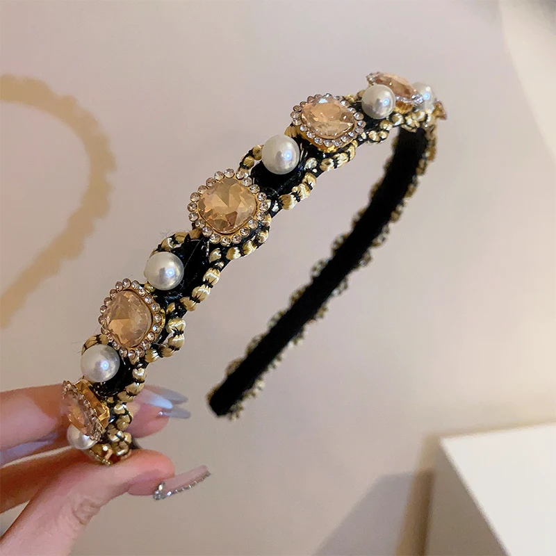 Pearl Inlaid Rhinestone Narrow Edge Hairwears for Women Retro Style High Skull Top Pressure Hairband Hair Accessories Wholesale