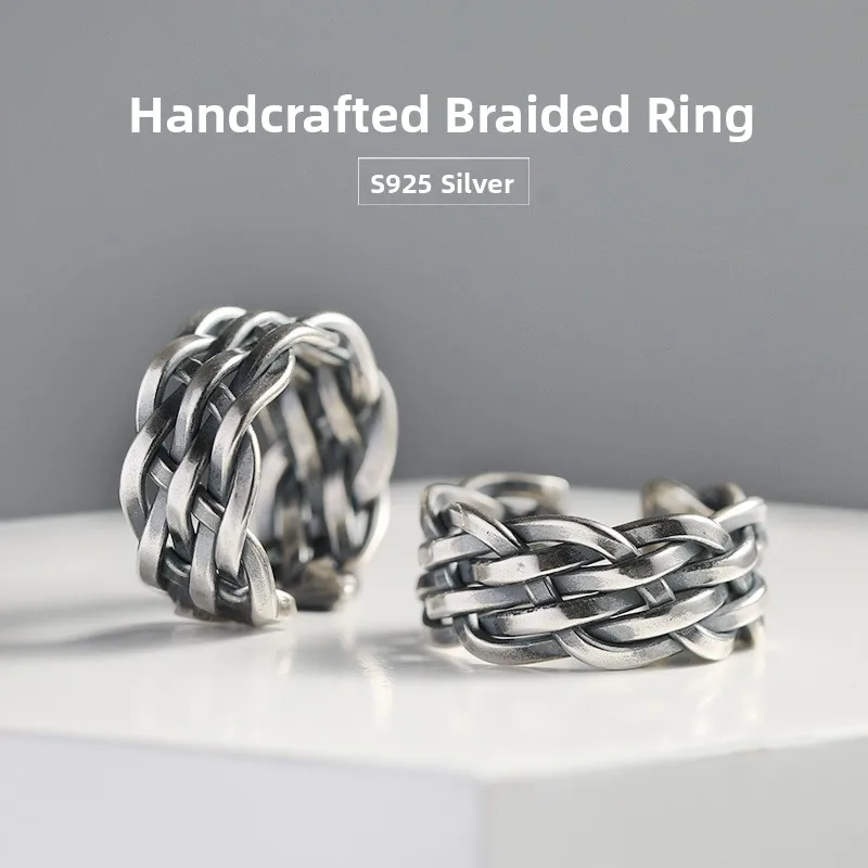 

Original Design S925 Sterling Silver Braided Ring for Men Vintage Handmade Open Style Finger Ring Fashionable Jewelry