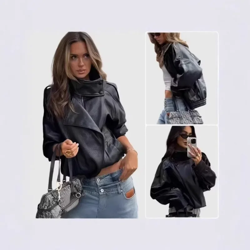 2026 Winter Women Vintage Pebble Grain Faux Leather Jacket, Street Style Long Sleeve PU Leather Coat