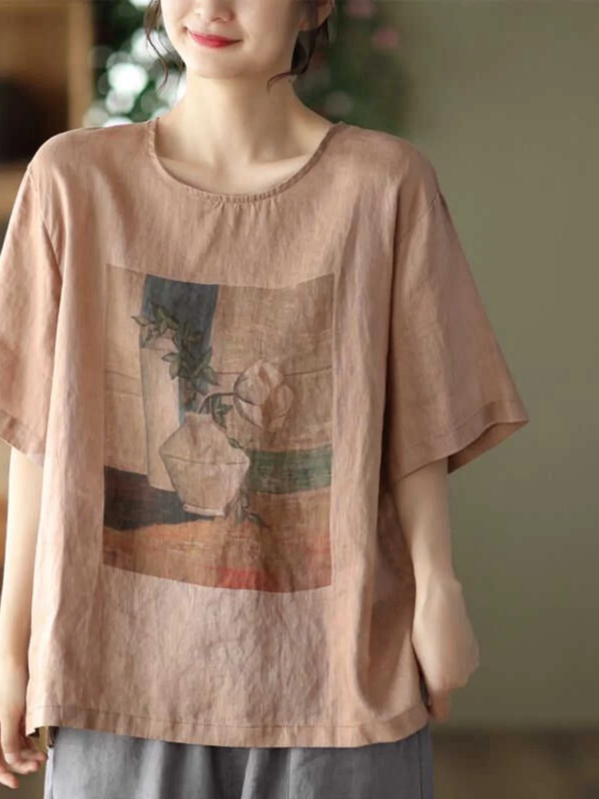 Summer New Loose Cotton Linen Short Sleeve T-Shirt Women's Fashionable Printed Top Mommy Wear Thin Belly Covering Shirt