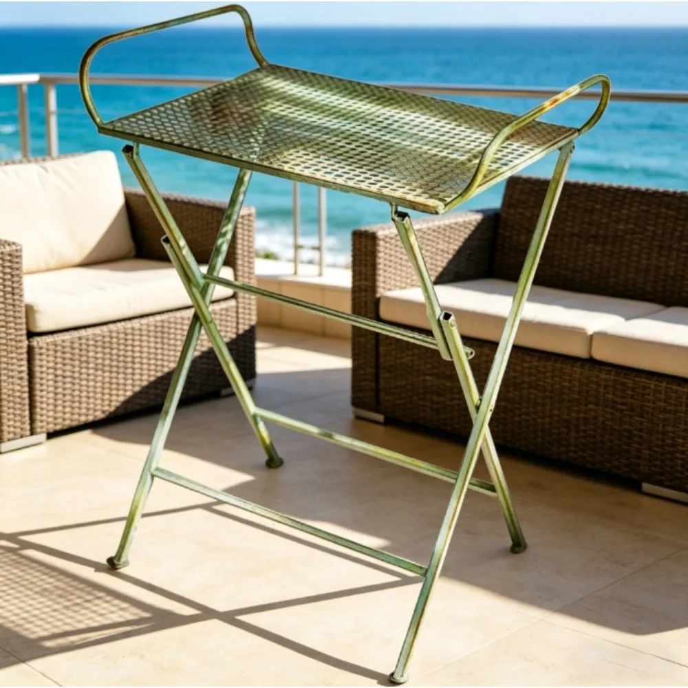 

Retro Green Iron Outdoor Foldable Table And Chairs Multi-functional Side Table Flower Arrangement Console Garden Patio Furniture