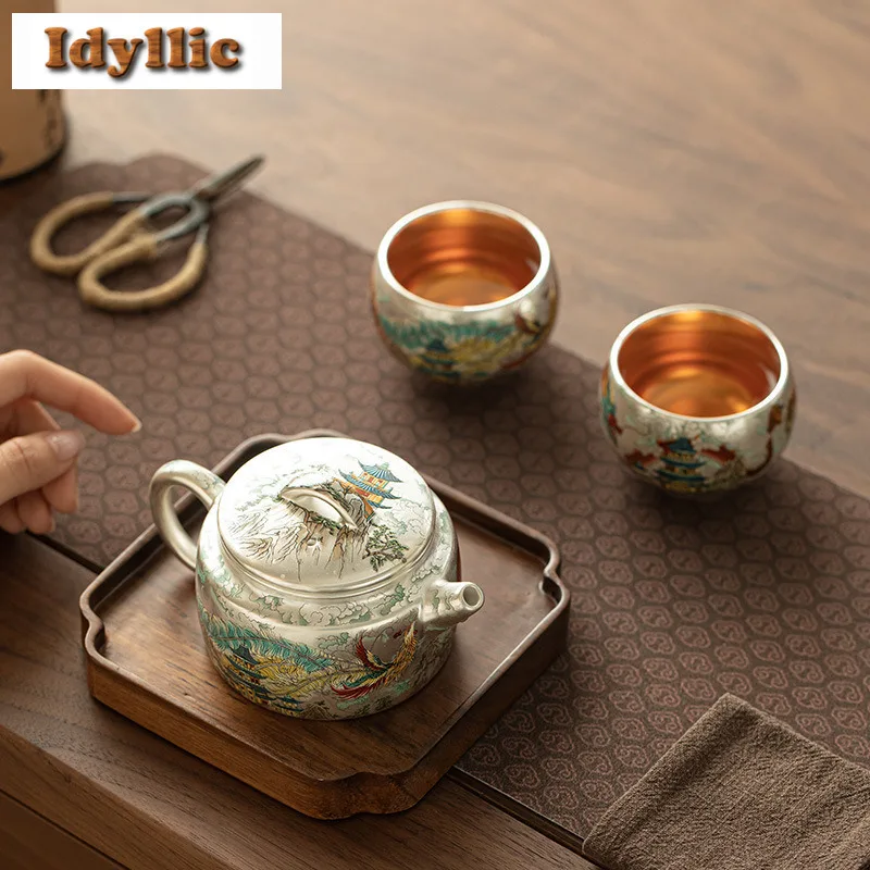 

Посеребренный чайный сервиз ручной работы с драконом и фениксом, полный набор, ретро-набор для чайной церемонии, набор чайных чашек и чайных чашек, украшения для чайных наборов