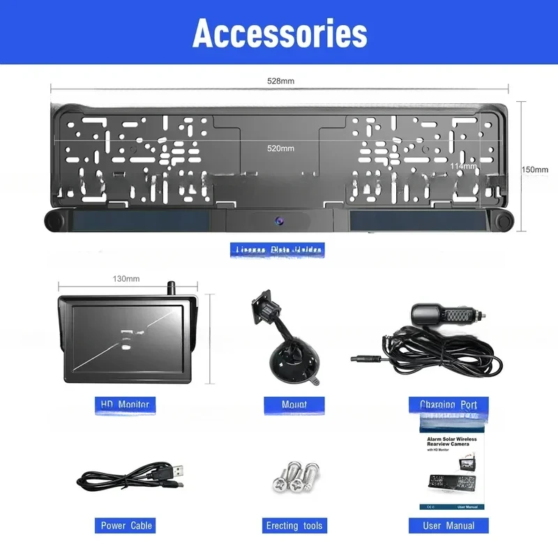 Alat Bantu Mundur Mobil Kamera Tampilan Belakang Lisensi Eropa Nirkabel Digital Surya 5 Inci Dengan Sensor Parkir Ultrasonik