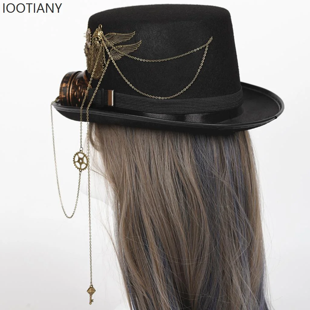 Steampunk Hat With Goggles Vintage Men Black Top Hat Gothic Halloween Women Fedora Chains Elegant Hat Head Wear Costume Party