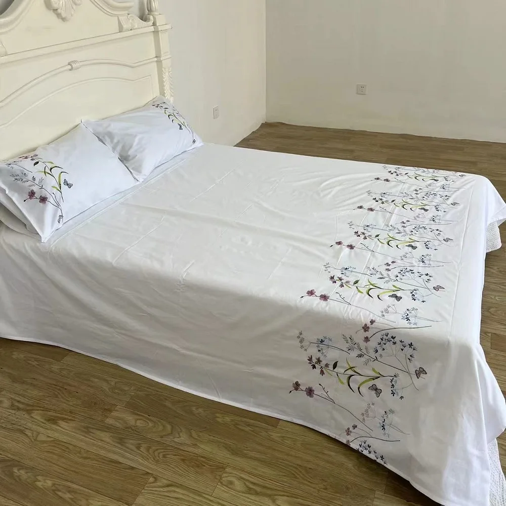 Flora Embroidery Flat Bed Sheet Solid White Colour 100% Cotton Bedding Sheet Luxury Bedspread Home Textiles No Pillowcases