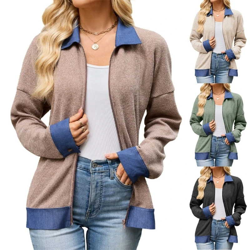 Womens Zip Up Knit Trim Lapel Collar Long Sleeve Cardigan | Chambray contrast, buttoned cuffs and hem. Relaxed d Y1AC