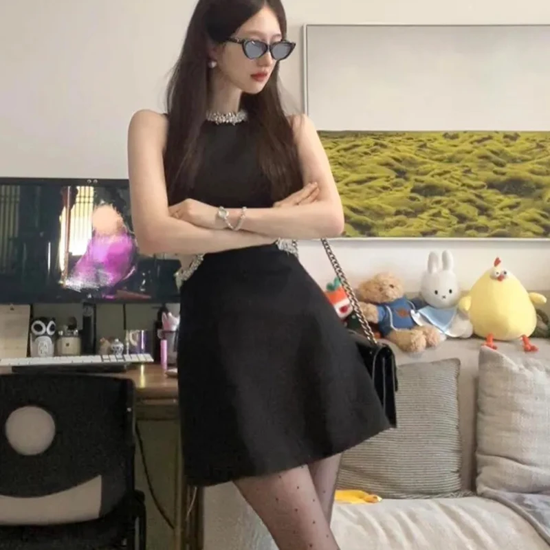 Kralen Borduren O Hals Jurk Vrouwen Zwart Sexy Slanke Mouwloze Klassieke Jurk Premium Werkkleding Elegantie Uitgesneden Vestidos