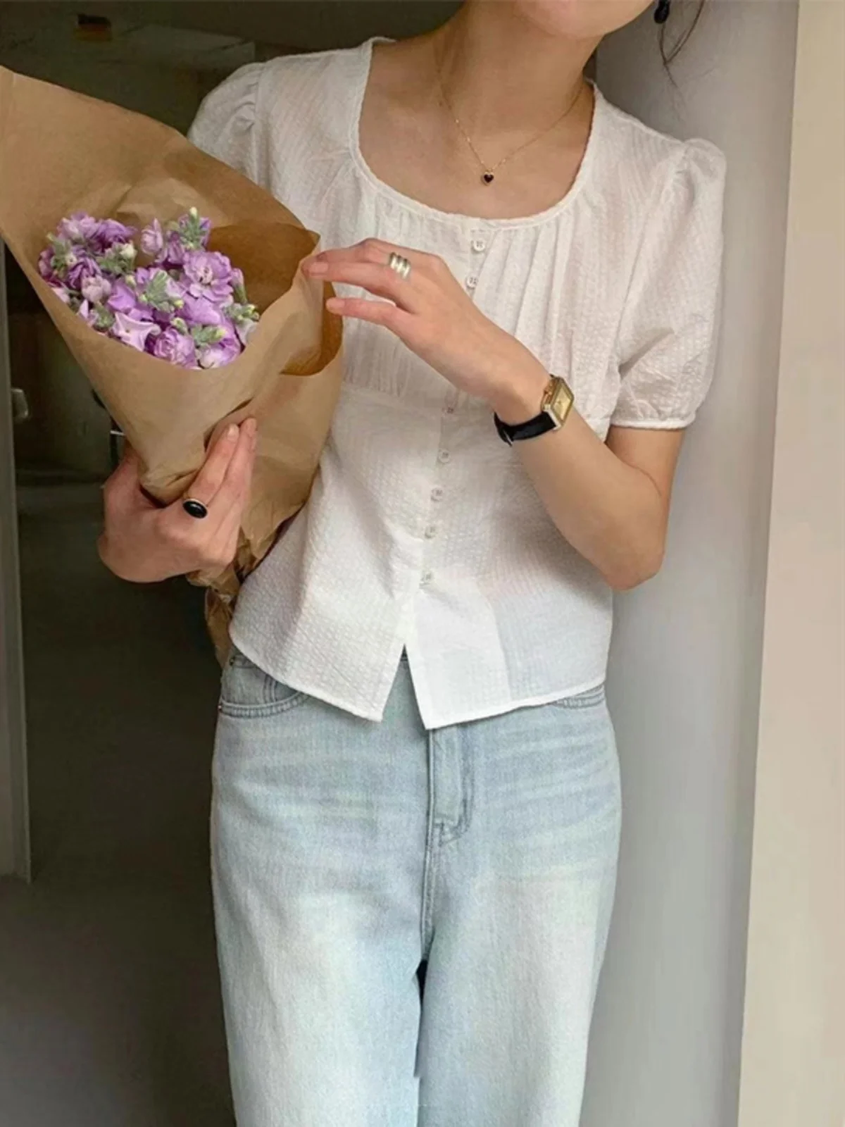 

White Anti-Aging Pleated Square Collar Doll irt Women's Summer New Sweet Loose Versatile Slimming ort Sve Blouse