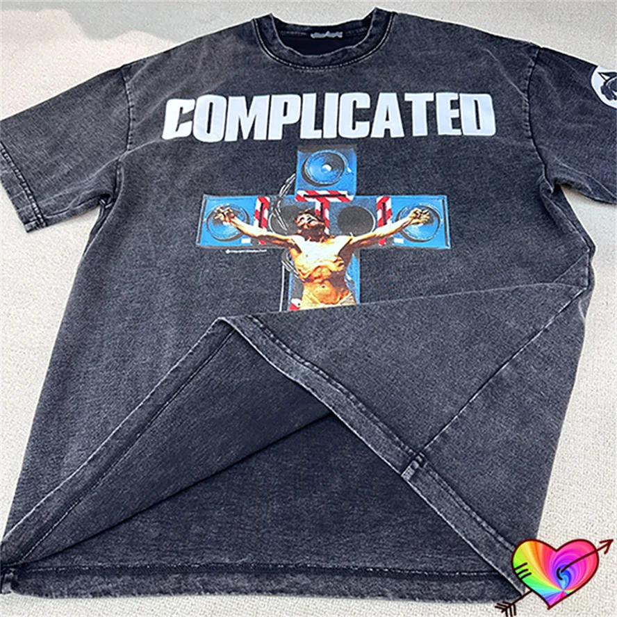 2024 Complicated Logo Tee Men Women Vintage Black Jesus T-shirt Summer Spring Wash Tops Loose Fit Short Sleeve