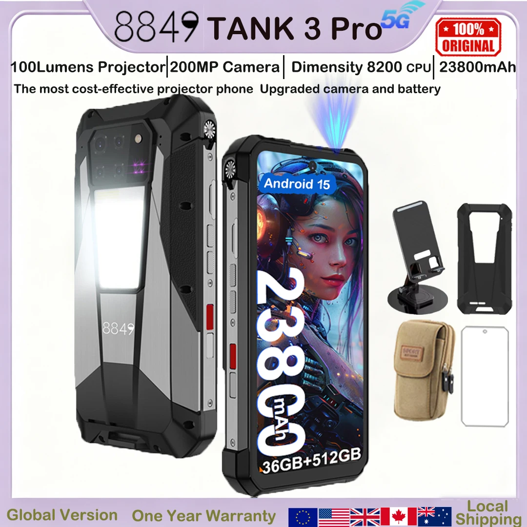 8849 Tank 3 Pro Unihertz Projector Rugged Smartphone 23800mAh 100Lumens 200MP Camera Android 15 Dimensity 8200 512G Outdoor IP68
