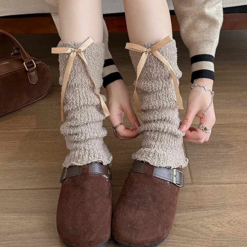 

1 Pair Women's Cotton Socks Covers Winter Fall Plush Thick Warm Black Leg Warmers Bow Knot Korean Style Calf-Length Leg Warmers