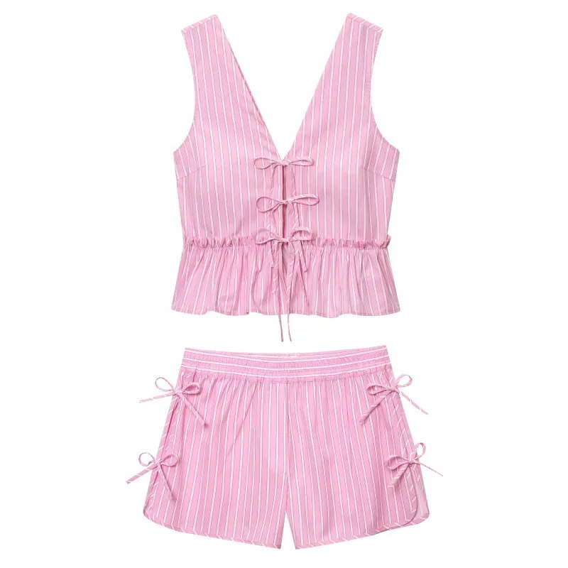 Ensemble 2 pièces pour femmes, débardeur d'été, nœuds, boutons à nouer, volants, hauts froncés, haut rayé rose + short, col en V, costume décontracté doux