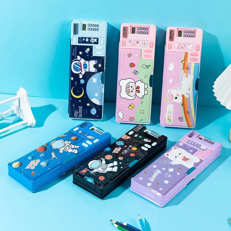 Comes with A Multifunctional Double-layer Pencil Case with Built-in Calculator, Children's Cartoon, and Large Capacity