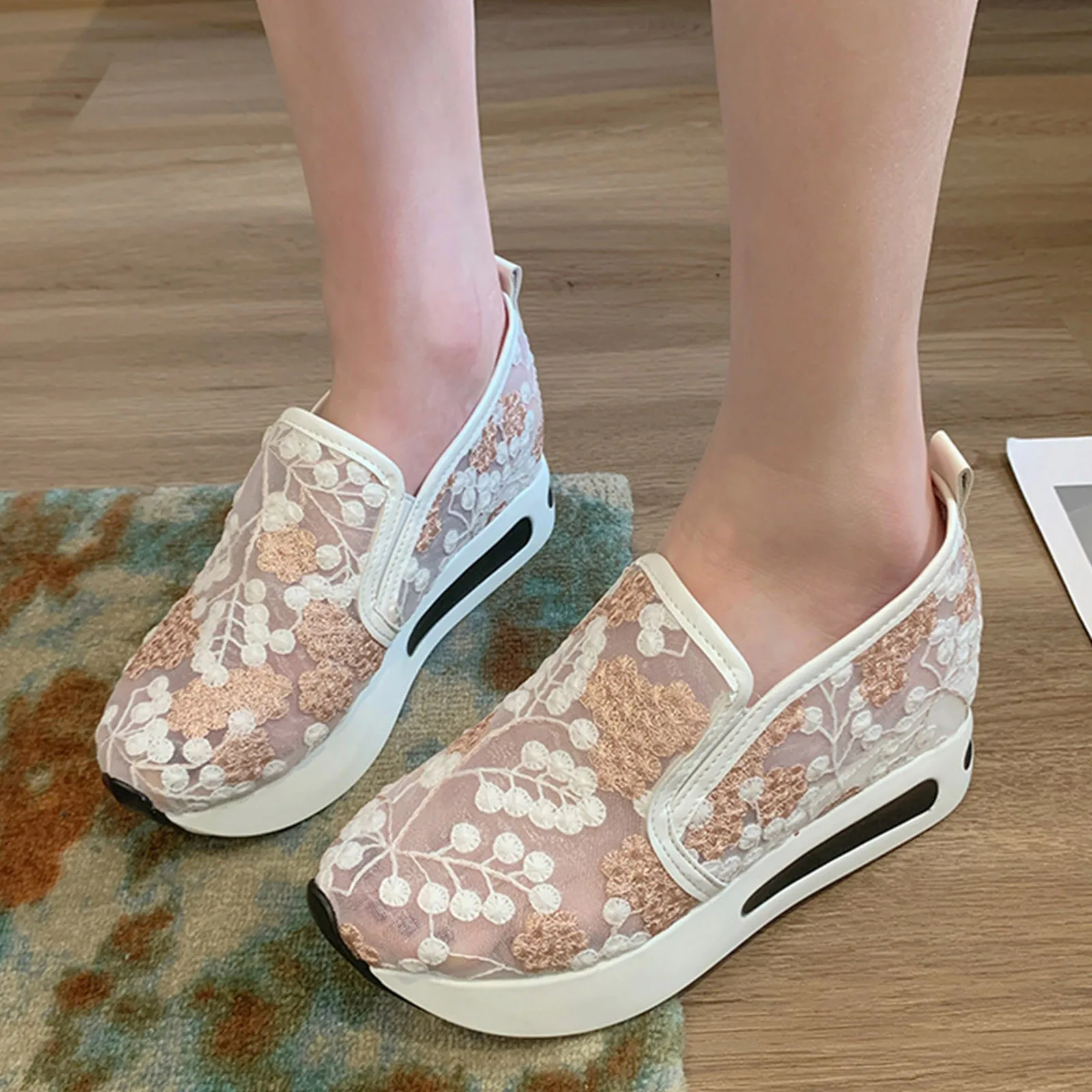 Ladies Fashion Breathable Lace Mesh Flower Embroidery Pumps Thick Bottom Slip On Comfortable Casual Women Heightening Shoes