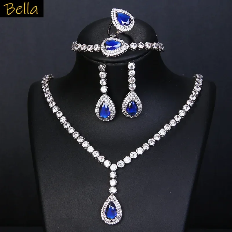 

4pcs Jewelry Sets Earrings Necklace Bracelet Ring Wedding Bride Jewelry Zircon Water Drop Dinner Party Anniversary Gift