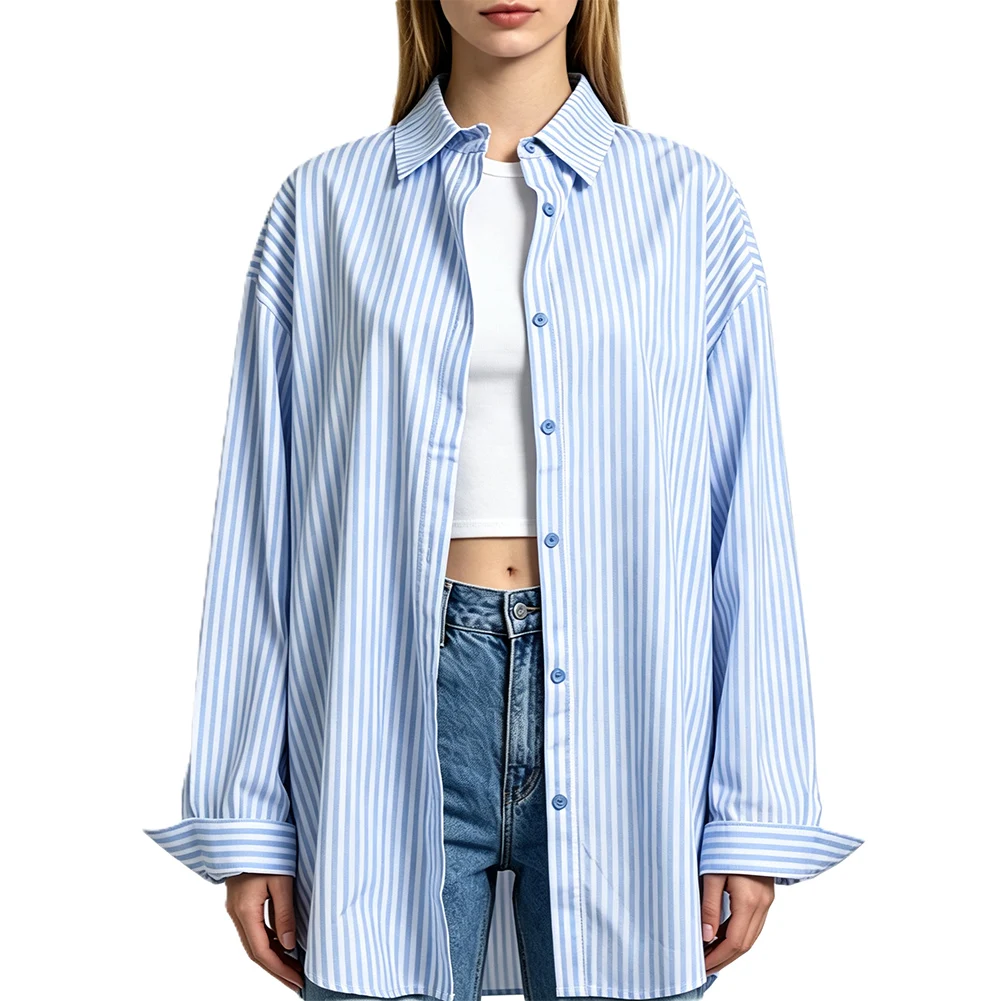 Fashion Casual Wear Stripe Lapel Blouse Polyester Fabric Blend Striped Pattern Design Polyester Casual Wear Women