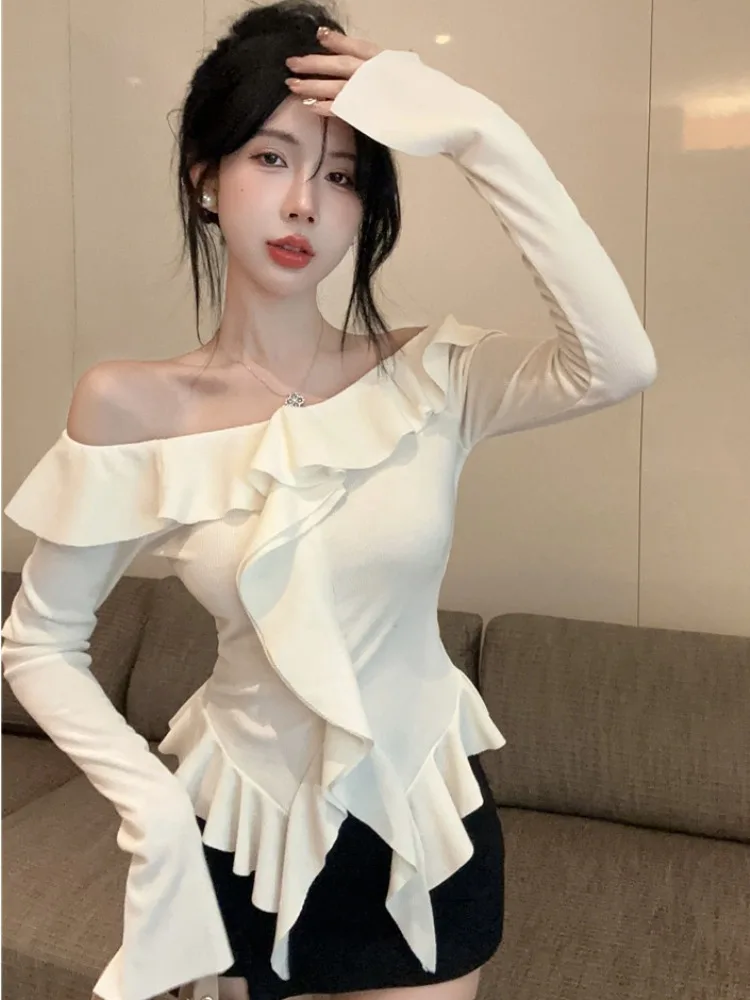

Shoulder Bared Long Sleeve T Shirt Women's Autumn Pure Desire Sweet And Spicy Girl Shoulder Exposure Top Irregular Base Shirt...
