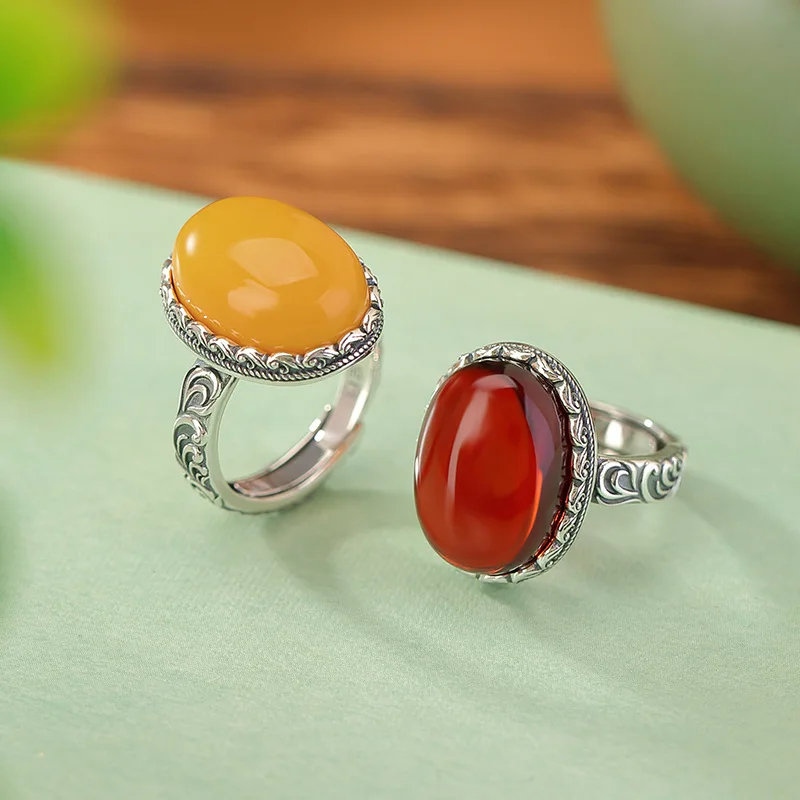 S990 Silver Blood Amber Pattern Surface Elegant Open Ring