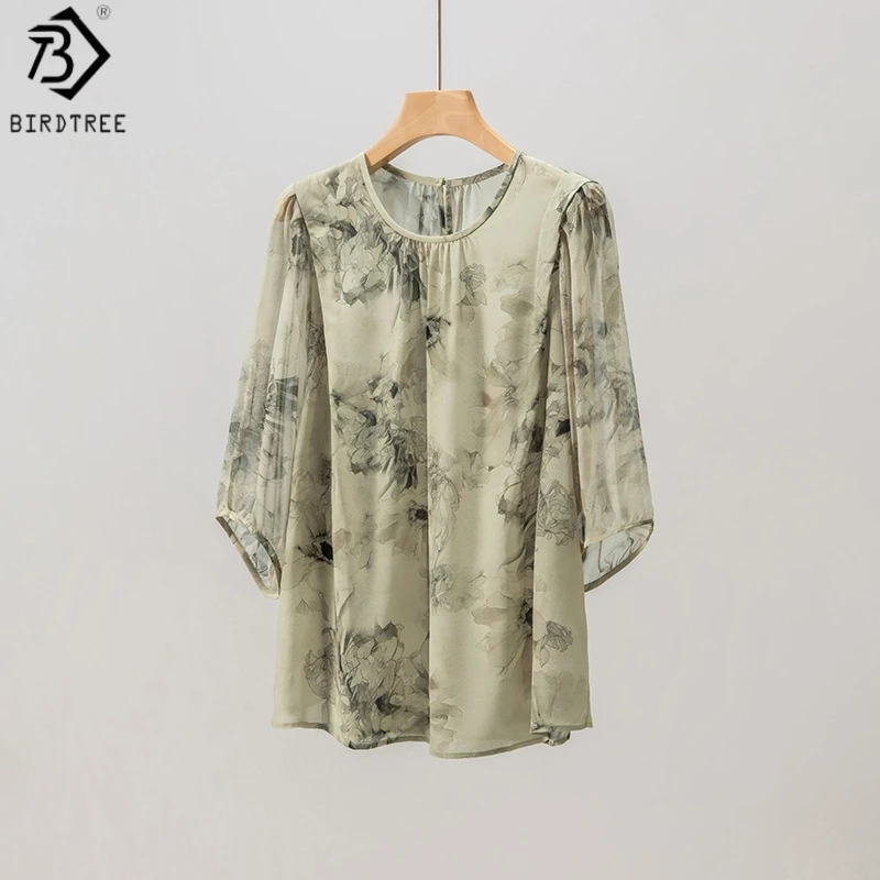 

Birdtree, 100% Real Silk Print Blouse, O-neck 3/4 Sleeve Loose Tops, Women Double Crepe Thin Shirt, 2026 Autumn New T67416JF