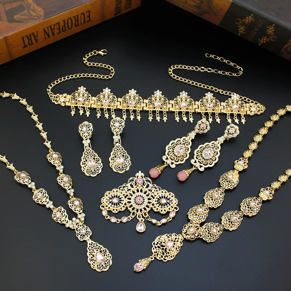 

Sunspicems Gold Color Morocco Bride Jewelry Sets Women Hairchain Necklace Earring Brooch Arabic Wedding Bijoux Hollowed Designs