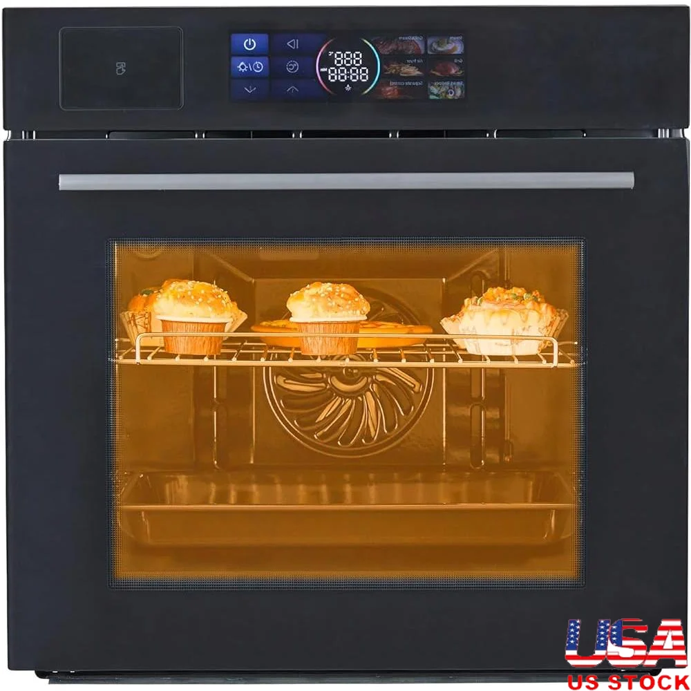 Horno de pared eléctrico de 24 pulgadas, horno de convección incorporado con parrilla de vapor, freír al aire, modos de cocina multifuncionales de 3000W