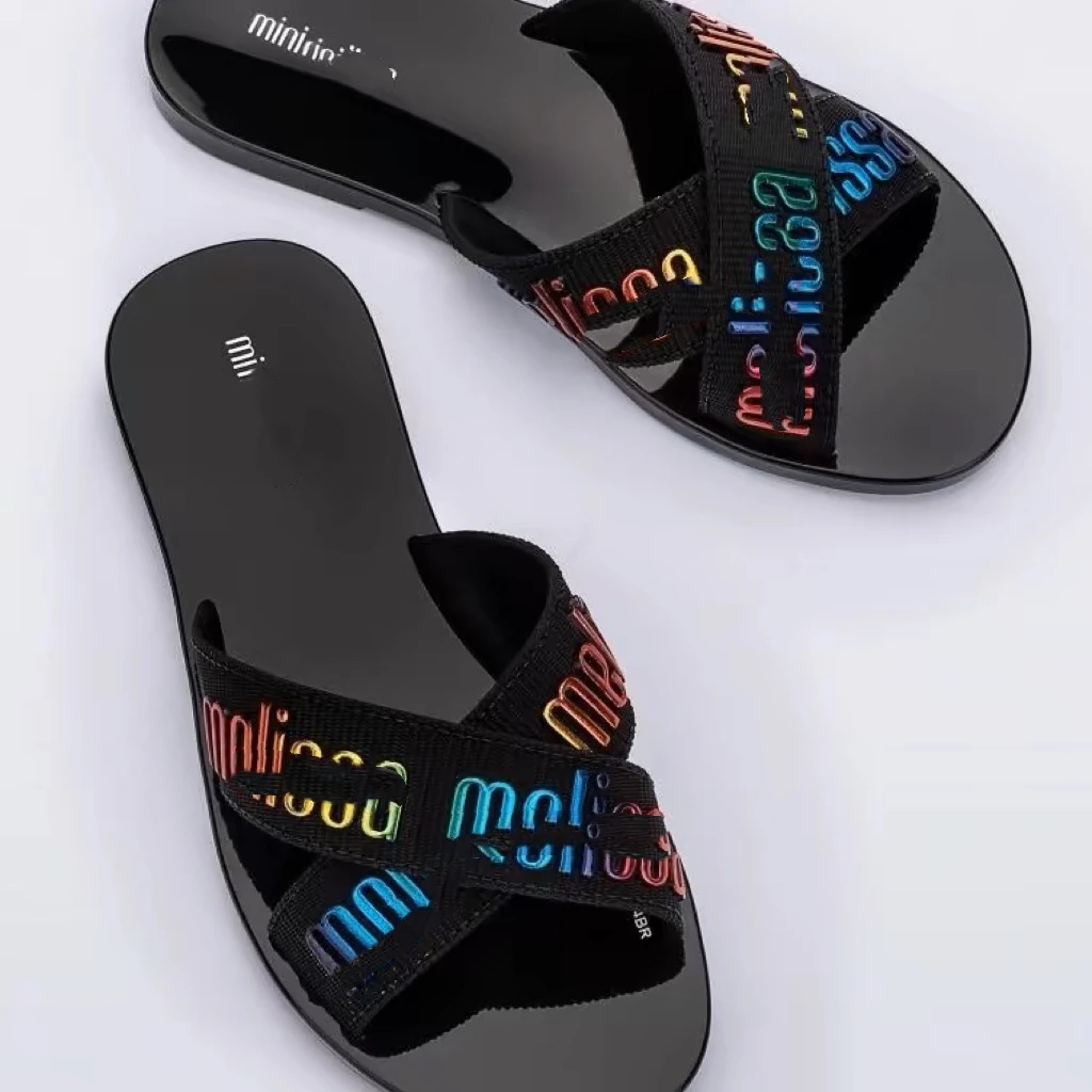 Mini Melissa Summer New Women's Shoes Square Head Cross Flat Sandals Simple Flip-flops Women Wear Slippers