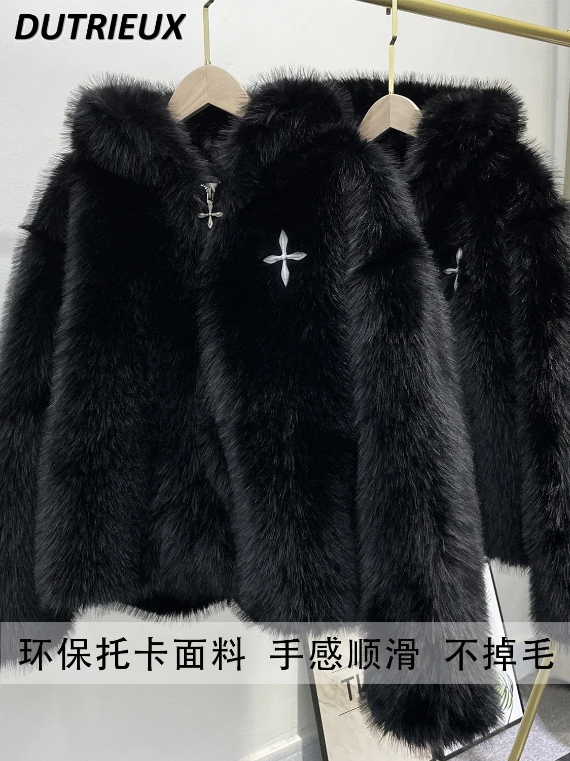 ฤดูหนาวWarmสีดําFaux Fur Hooded Furry Coatผู้หญิง2023ฤดูหนาวสุภาพสตรีแขนยาวซิปความยาวกลางFaux Fox Fur Jacketหญิง