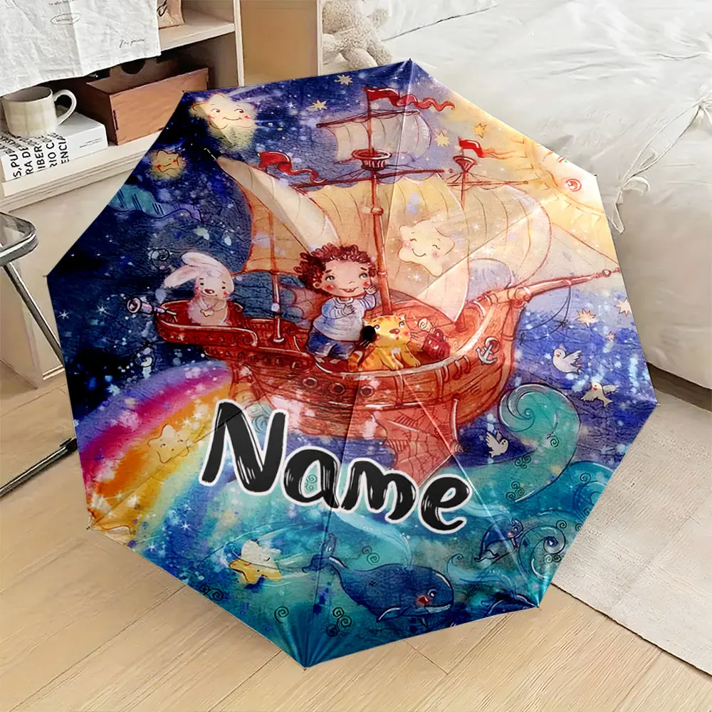 Custom Name Umbrella, Magical Ship Adventure with Animals Umbrella Design Folding Umbrella for Sunny and Rainy,Gift
