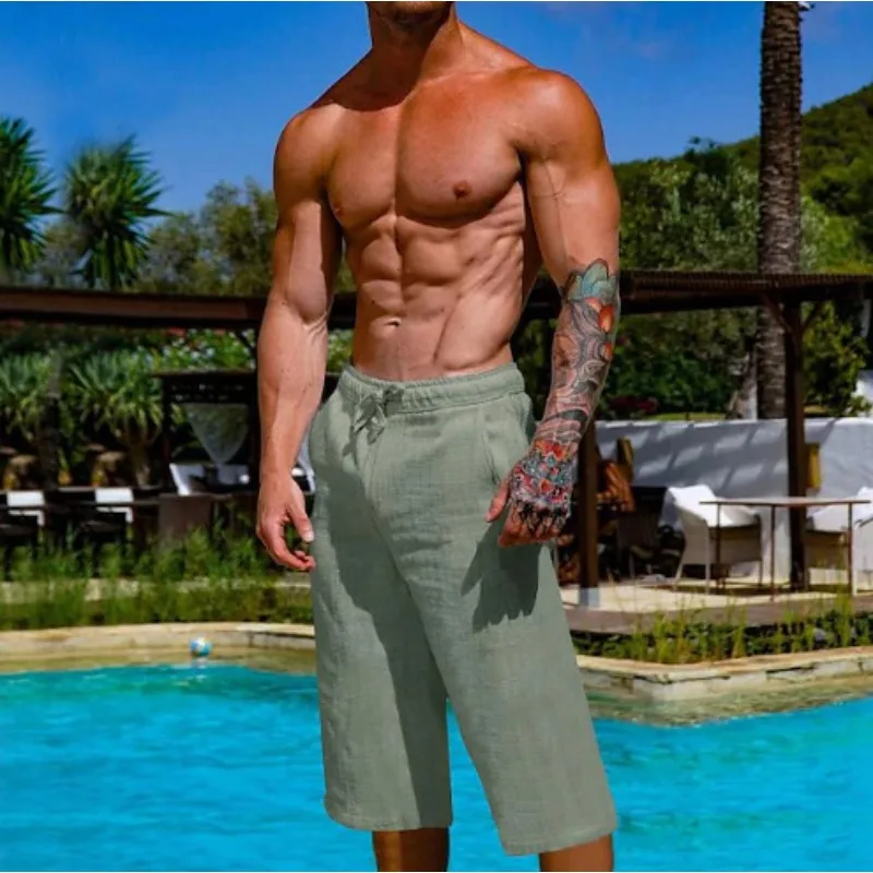 Men's Summer Shorts Beach Shorts Pocket Drawstring Elastic Waist Solid Color Comfortable And Breathable
