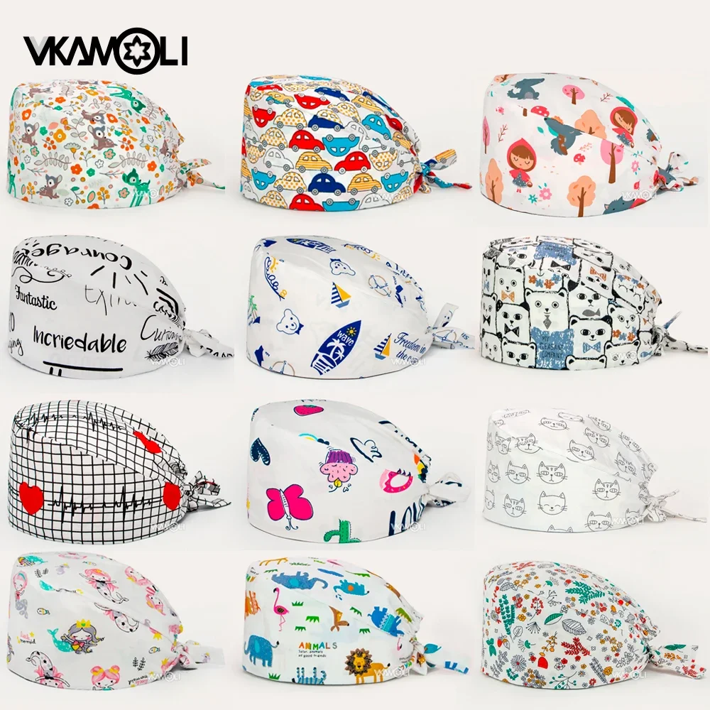 Pet Cartoon Printed Beauty salon lab caps unisex Cute cotton adjustable sweat-absorbent Elastic hat Medical scrubs cap