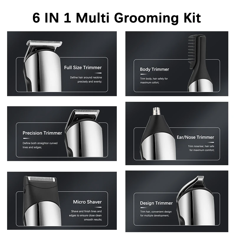 6 IN 1 Multi Grooming Kit For Men Rechargeable Beard Shaver Cordless Trimmer Hairs Cutting Clippers Body Ear Nose Hair Groomer