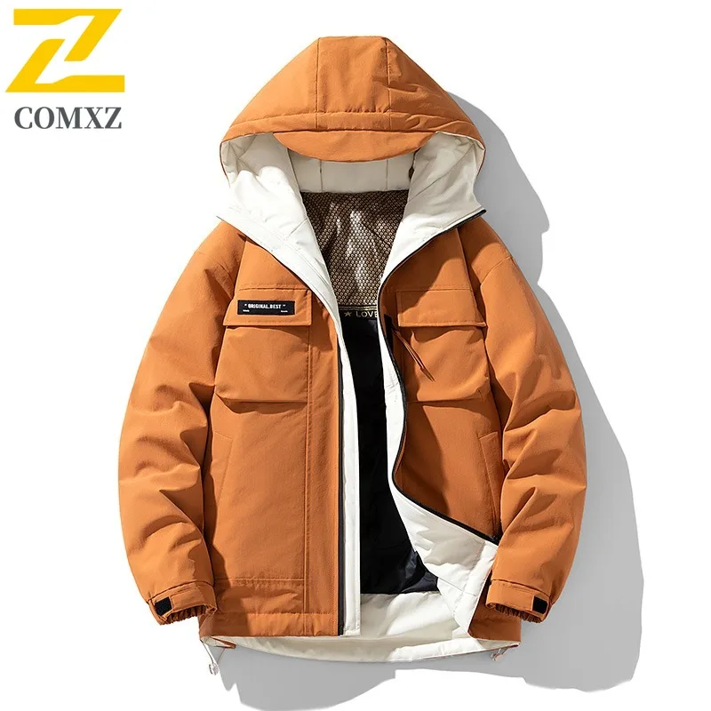 

COMXZ Hooded Fake Two Piece Down Men Thick Color Block Cotton waterproof and windproof outdoor sports Warm tactics Coat 2025