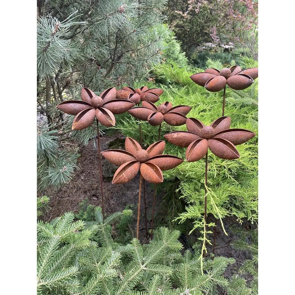 Juego de 6 adornos rústicos para jardín de anís y flores de metal, arte de patio al aire libre, detalles de paisaje