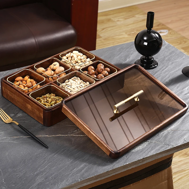

New Chinese-style solid wood dried fruit box with grid and lid, living room household fruit plate light luxury melon seeds and n