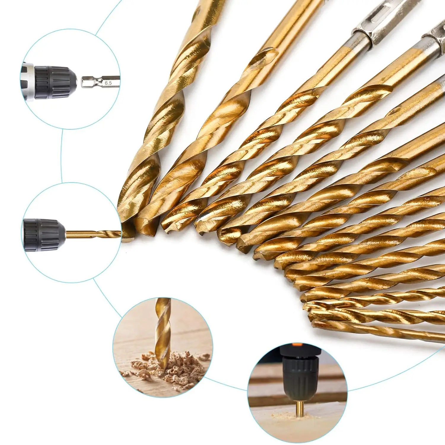 13PCS 1.5mm-6.5mm Drill Bit Set Titanium Coated High Speed Steel Hex Shank Hole Opener For Wood Plastic Aluminum