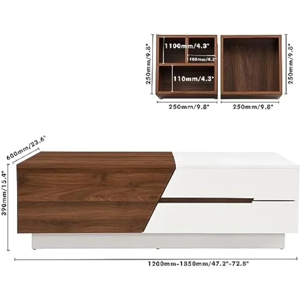 Coffee Table Retractable Sliding Top for Mobile Box + 4 Partition Space Multifunctional Office Bedroom,White/Walnut Coffee Table