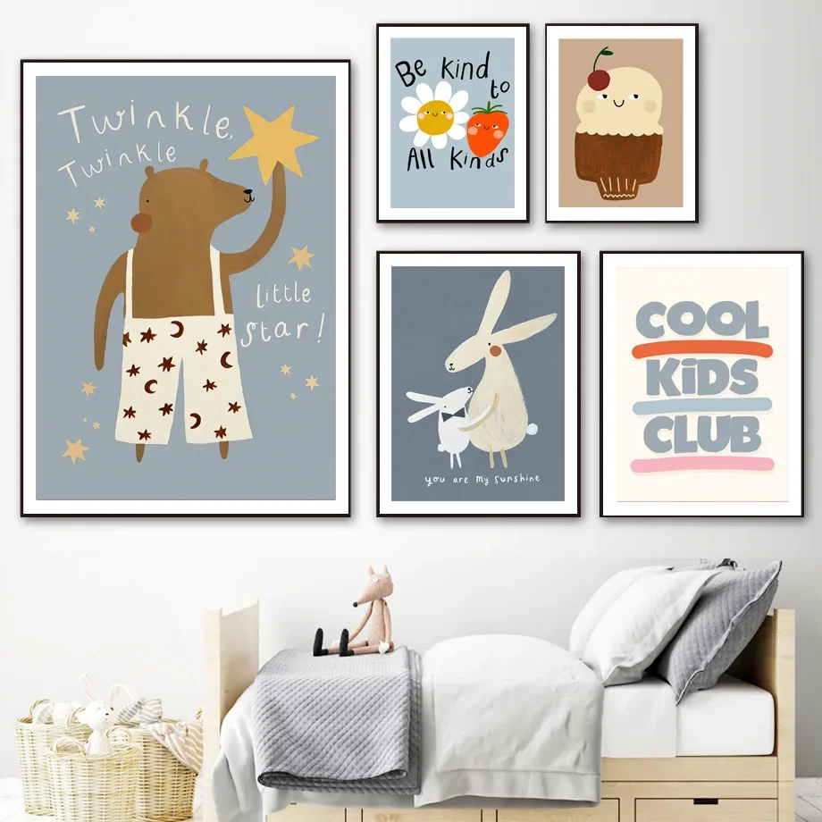 بوهو الكرتون الحيوان عباد الشمس جدار ملصق فني Kawaii الطفل الحضانة طباعة مضحك النمر الدب الأرنب تصميم قماش لديكور غرفة الأطفال