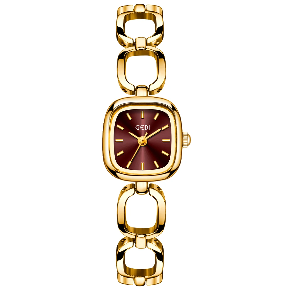 Fashion Gedi Women's Luxury Elegant Square Red Dial Quartz Chain Bracelet Vintage Minimalist Girls Ladies Gift Small Wrist Watch
