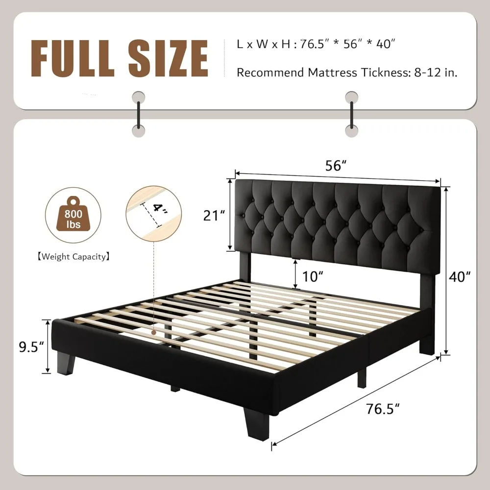 

Upholstered Full-size Bed Frame, Tufted Headboard with Buttons, Linen Platform Bed, Padded Support Legs, Customizable